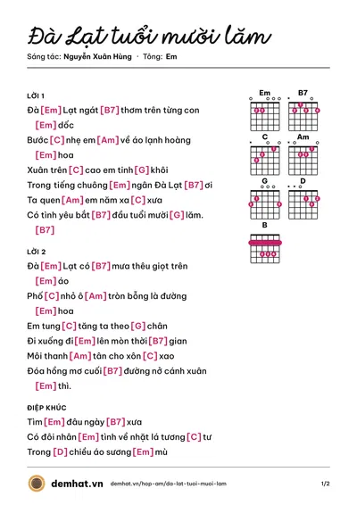 Hợp âm Đà Lạt tuổi mười lăm (Dzoãn Minh) – bản nhạc PDF trang 1, tông Em