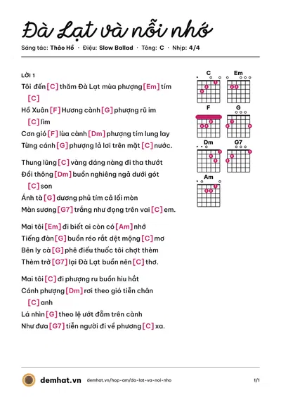 Hợp âm Đà Lạt và nỗi nhớ (Thảo Hồ) – bản nhạc PDF trang 1, tông C