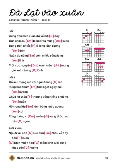 Hợp âm Đà Lạt vào xuân (Hoàng Thống) – bản nhạc PDF trang 1, tông C