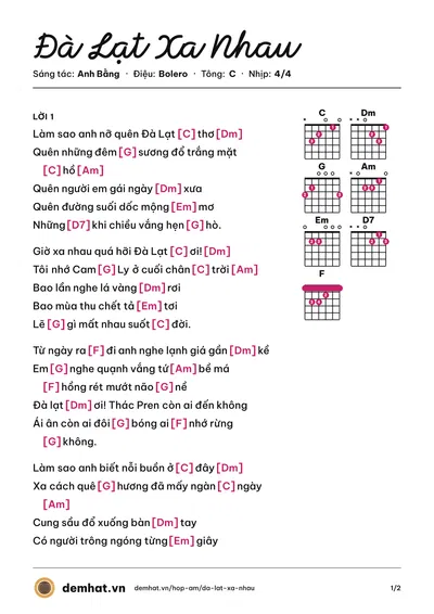 Hợp âm Đà Lạt Xa Nhau (Như Quỳnh) – bản nhạc PDF trang 1, tông C