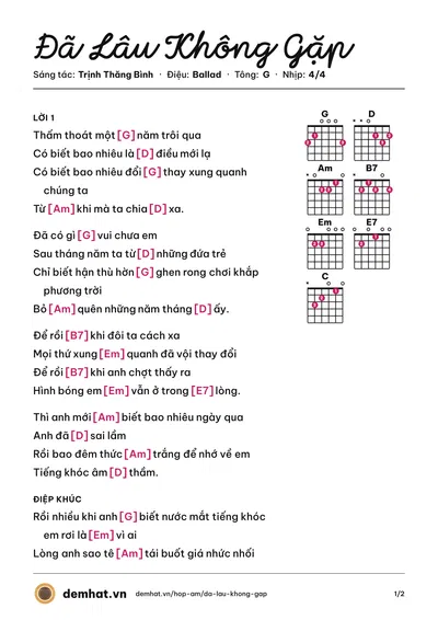 Hợp âm Đã Lâu Không Gặp (Trịnh Thăng Bình) – bản nhạc PDF trang 1, tông G