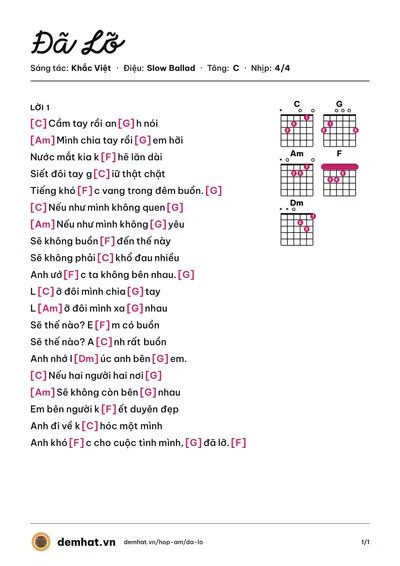 Hợp âm Đã Lỡ (Khắc Việt) – bản nhạc PDF trang 1, tông C