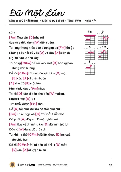 Hợp âm Đã Một Lần (Cá Hồi Hoang) – bản nhạc PDF trang 1, tông F#m
