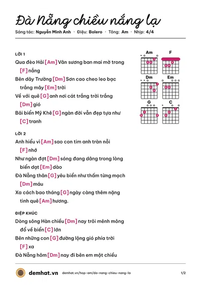 Hợp âm Đà Nẵng chiều nắng lạ (Nguyễn Minh Anh) – bản nhạc PDF trang 1, tông Am