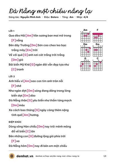 Hợp âm Đà Nẵng một chiều nắng lạ (Phan Cư) – bản nhạc PDF trang 1, tông Am