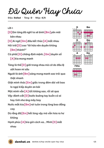 Hợp âm Đã Quên Hay Chưa (Linh Hương Luz) – bản nhạc PDF trang 1, tông D
