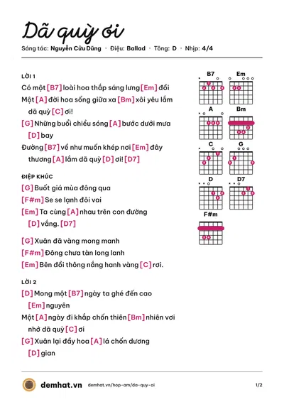 Hợp âm Dã quỳ ơi (Nguyễn Cửu Dũng) – bản nhạc PDF trang 1, tông D