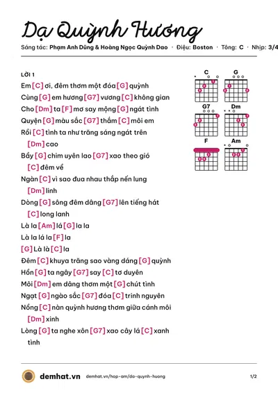 Hợp âm Dạ Quỳnh Hương (Trần Thái Hòa) – bản nhạc PDF trang 1, tông C