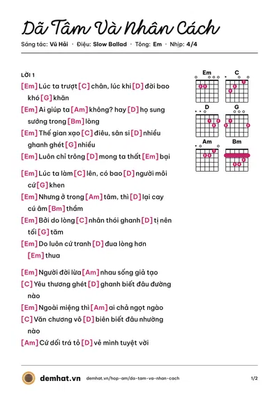 Hợp âm Dã Tâm Và Nhân Cách (Ngọc Ánh Sáng) – bản nhạc PDF trang 1, tông Em