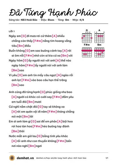 Hợp âm Đã Từng Hạnh Phúc (NB3 Hoài Bảo) – bản nhạc PDF trang 1, tông Bm