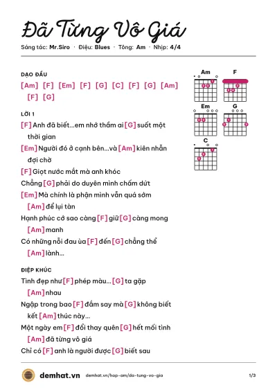 Hợp âm Đã Từng Vô Giá (Mr.Siro) – bản nhạc PDF trang 1, tông Am