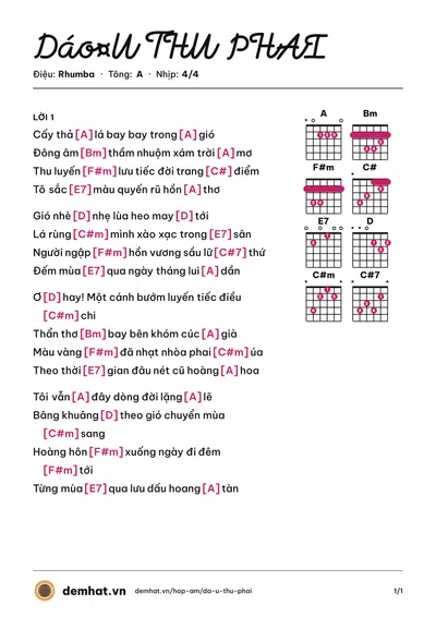 Hợp âm Dáº¤U THU PHAI (Hà Thanh) – bản nhạc PDF trang 1, tông A