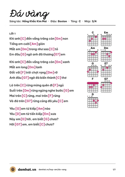 Hợp âm Đá vàng (Hồng Khắc Kim Mai) – bản nhạc PDF trang 1, tông C