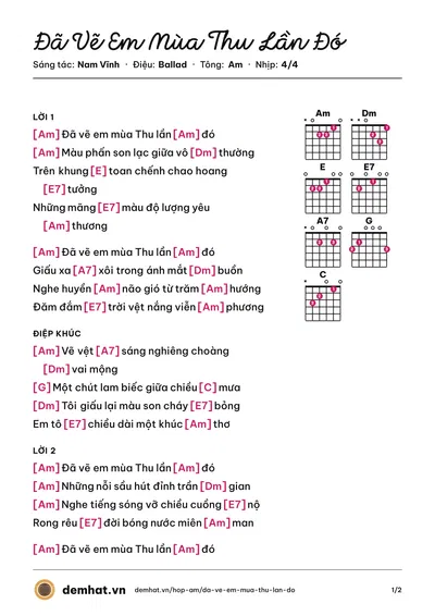 Hợp âm Đã Vẽ Em Mùa Thu Lần Đó (Vân Hà) – bản nhạc PDF trang 1, tông Am