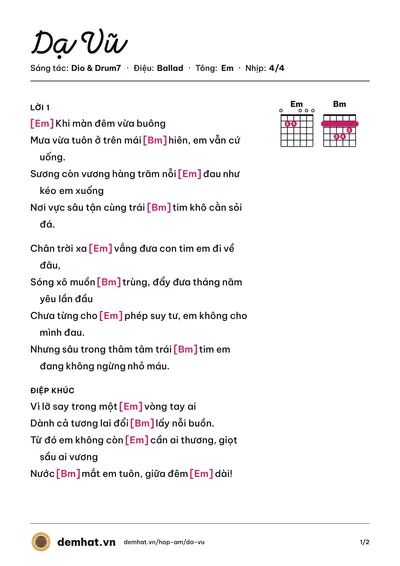 Hợp âm Dạ Vũ (Tăng Duy Tân) – bản nhạc PDF trang 1, tông Em
