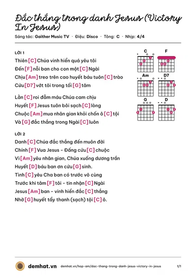 Hợp âm Đắc thắng trong danh Jesus (Victory In Jesus) (Samuel Dinh) – bản nhạc PDF trang 1, tông C