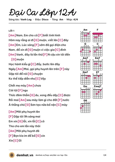 Hợp âm Đại Ca Lớp 12A (Vanh Leg) – bản nhạc PDF trang 1, tông Am