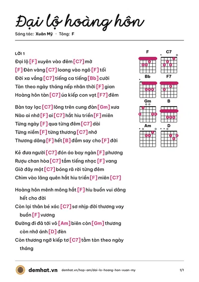 Hợp âm Đại lộ hoàng hôn (Xuân Mỹ) – bản nhạc PDF trang 1, tông F