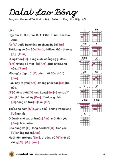 Hợp âm Dalat Lao Bỏng (Jikeii) – bản nhạc PDF trang 1, tông C