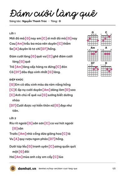 Hợp âm Đám cưới làng quê (Tố Hà) – bản nhạc PDF trang 1, tông G