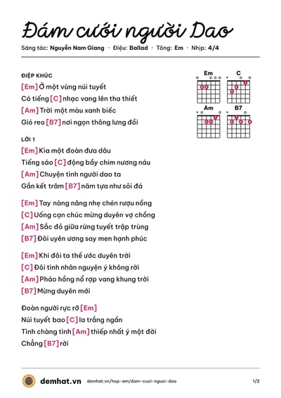 Hợp âm Đám cưới người Dao (Mủn Gỗ) – bản nhạc PDF trang 1, tông Em