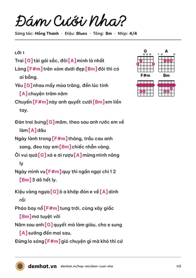 Hợp âm Đám Cưới Nha? (Hồng Thanh) – bản nhạc PDF trang 1, tông Bm