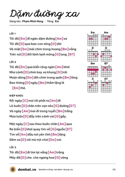 Hợp âm Dặm đường xa (Phạm Minh Hùng) – bản nhạc PDF trang 1, tông Em