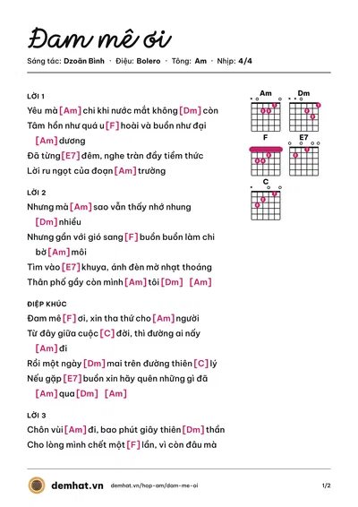 Hợp âm Đam mê ơi (Bạch Lan Hương (trước 75)) – bản nhạc PDF trang 1, tông Am
