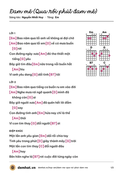 Hợp âm Đam mê (Qua rồi phút đam mê) (Nguyễn Nhất Huy) – bản nhạc PDF trang 1, tông Em