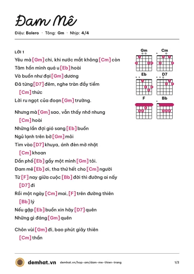 Hợp âm Đam Mê (Thiên Trang) – bản nhạc PDF trang 1, tông Gm
