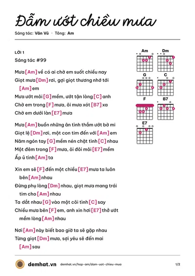 Hợp âm Đẫm ướt chiều mưa (Văn Vũ) – bản nhạc PDF trang 1, tông Am