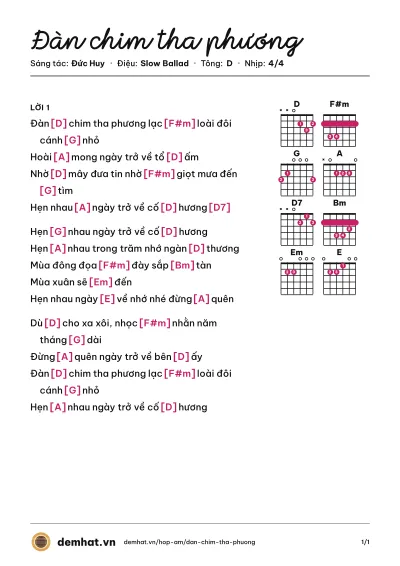 Hợp âm Đàn chim tha phương (Khánh Hà) – bản nhạc PDF trang 1, tông D