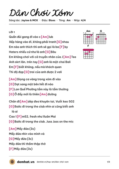 Hợp âm Dân Chơi Xóm (MCK) – bản nhạc PDF trang 1, tông Am