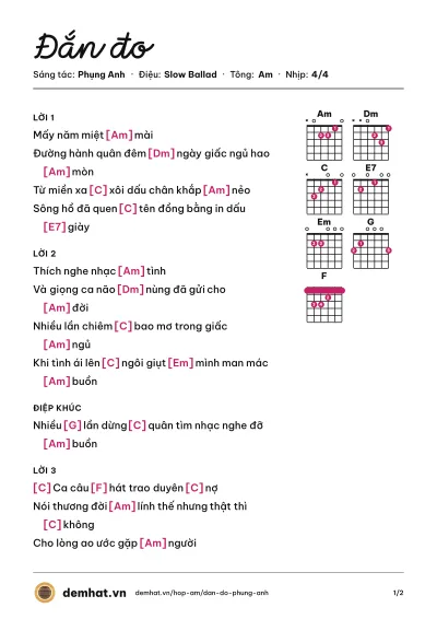 Hợp âm Đắn đo (Chế Linh) – bản nhạc PDF trang 1, tông Am