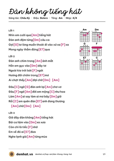 Hợp âm Đàn không tiếng hát (Chế Phong) – bản nhạc PDF trang 1, tông Am