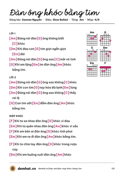 Hợp âm Đàn ông khóc bằng tim (Đàm Vĩnh Hưng) – bản nhạc PDF trang 1, tông Am