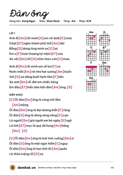 Hợp âm Đàn ông (Song Ngọc) – bản nhạc PDF trang 1, tông Am