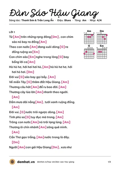 Hợp âm Đàn Sáo Hậu Giang (Hương Lan) – bản nhạc PDF trang 1, tông Am