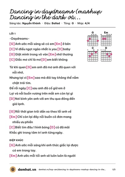 Hợp âm Dancing in daydreams (mashup Dancing in the dark và daydreams) (Soobin Hoàng Sơn) – bản nhạc PDF trang 1, tông G