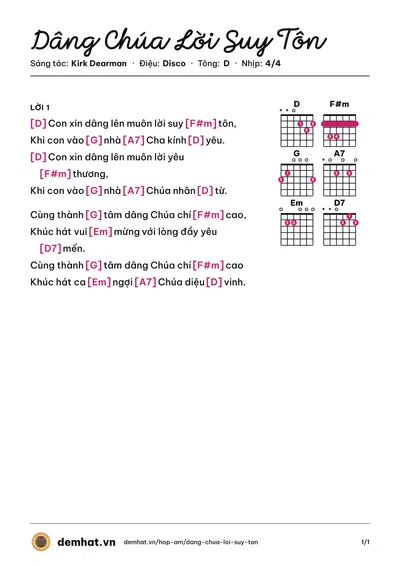 Hợp âm Dâng Chúa Lời Suy Tôn (Karaoke TVCHH) – bản nhạc PDF trang 1, tông D