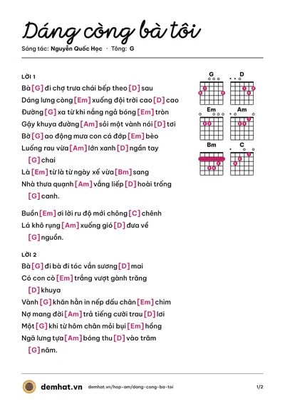 Hợp âm Dáng còng bà tôi (Huyền Trang) – bản nhạc PDF trang 1, tông G