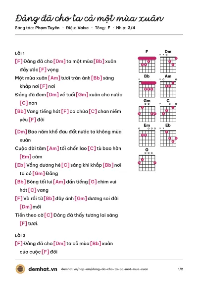 Hợp âm Đảng đã cho ta cả một mùa xuân (Phù Sa) – bản nhạc PDF trang 1, tông F