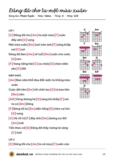 Hợp âm Đảng đã cho ta một mùa xuân (Phạm Tuyên) – bản nhạc PDF trang 1, tông C