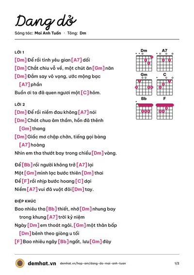 Hợp âm Dang dở (Xuân Phú) – bản nhạc PDF trang 1, tông Dm