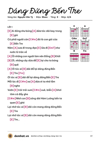 Hợp âm Dáng Đứng Bến Tre (Cẩm Ly) – bản nhạc PDF trang 1, tông E