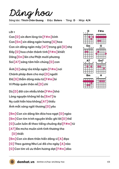 Hợp âm Dâng hoa (Sỹ Luân) – bản nhạc PDF trang 1, tông D