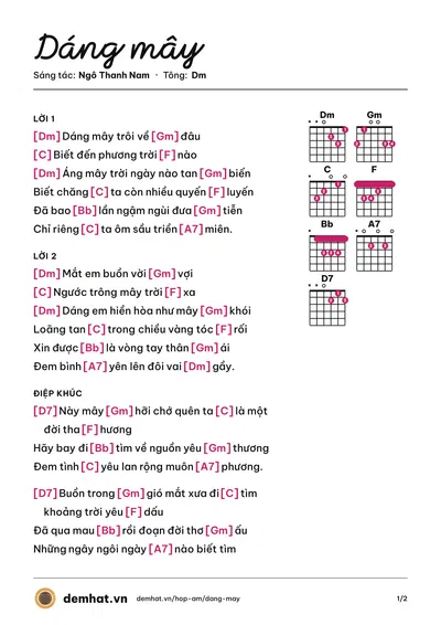 Hợp âm Dáng mây (Diệu Hiền) – bản nhạc PDF trang 1, tông Dm