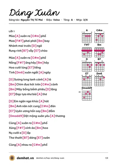 Hợp âm Dáng Xuân (Nguyễn Thị Tố Mai) – bản nhạc PDF trang 1, tông A