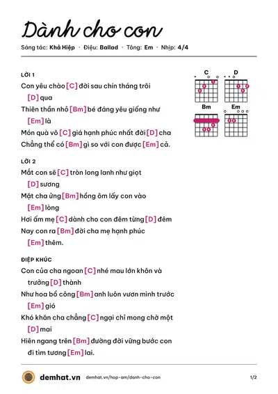 Hợp âm Dành cho con (Khả Hiệp) – bản nhạc PDF trang 1, tông Em
