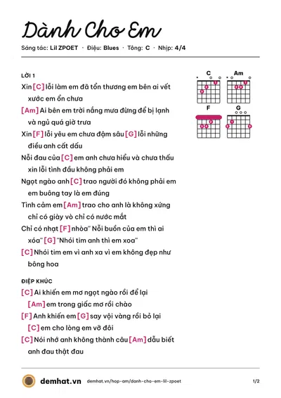 Hợp âm Dành Cho Em (Lil ZPOET) – bản nhạc PDF trang 1, tông C